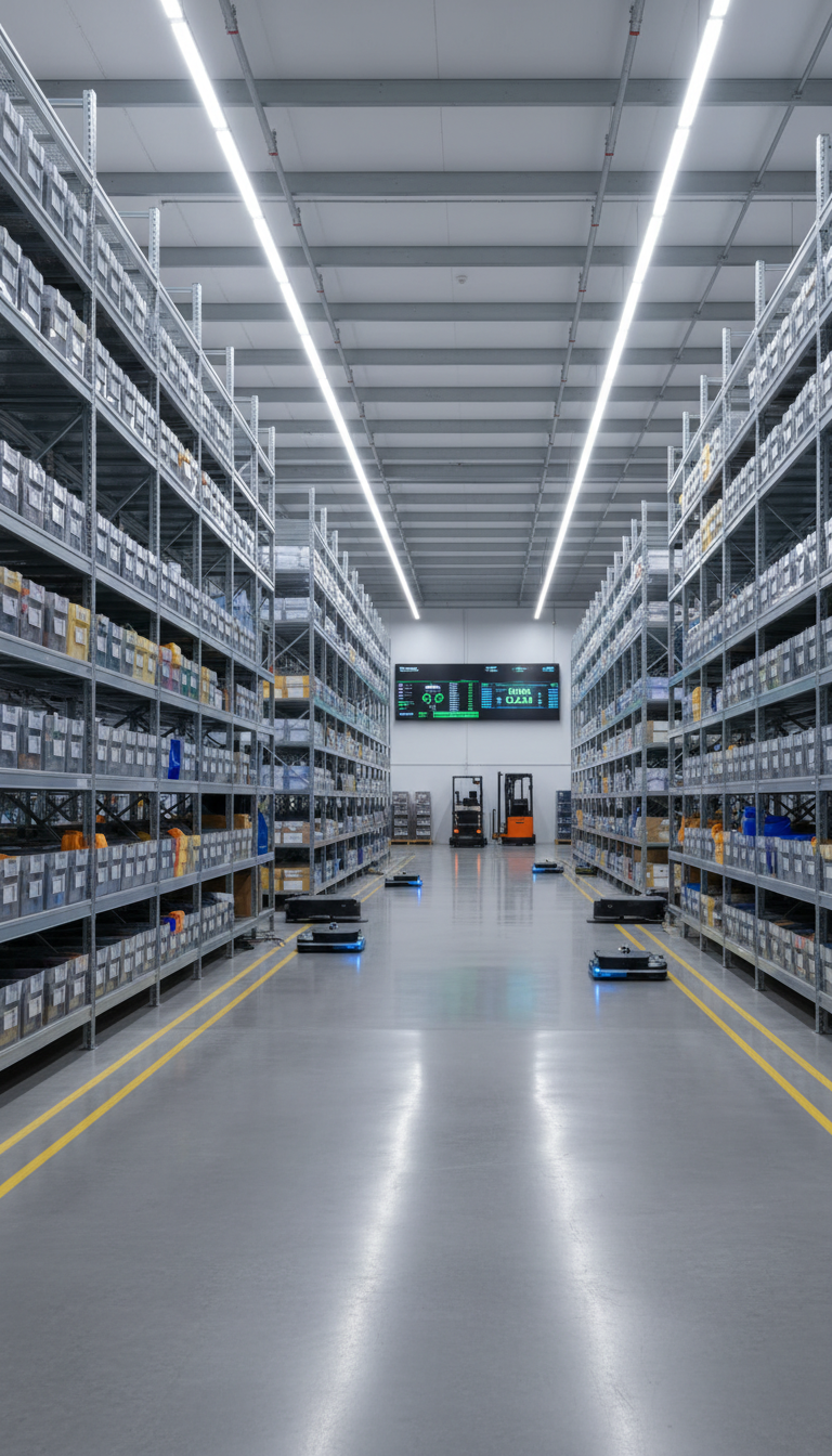 An elegantly organized warehouse interior, all shelving units and storage containers immaculate and neatly aligned along polished concrete floors. The environment is free from clutter, with every surface dust-free and reflecting subtle sheens of cleanliness. Soft overhead industrial lighting gently bathes the space, creating soft shadows and highlighting the pristine order of the area. The camera captures the scene from a slightly elevated angle, using a wide composition that underscores the scale and tidiness. The mood is efficient, secure, and reliable, with modern photographic clarity and a corporate aesthetic, perfectly demonstrating innovative cleaning solutions for large commercial sites.