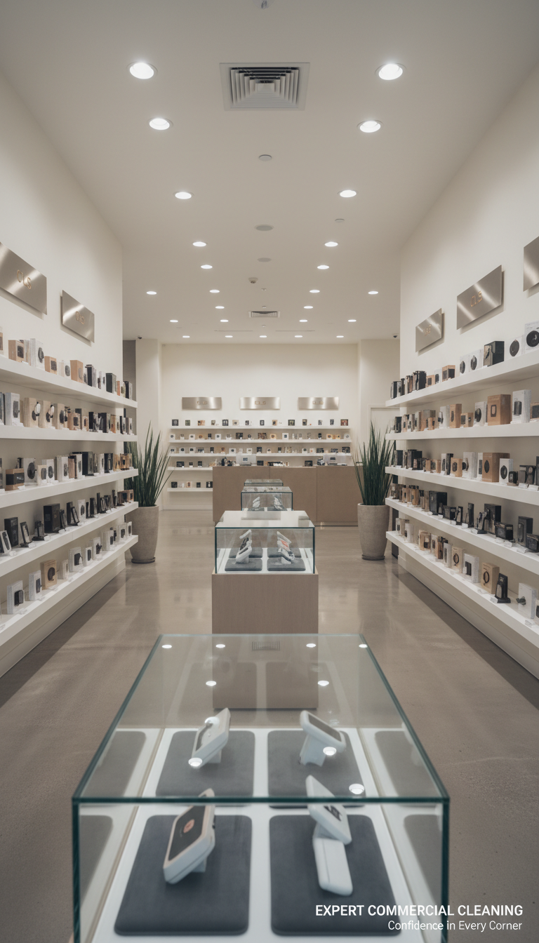 A meticulously clean retail store interior, with neatly arranged shelves, dust-free display cases, and perfectly polished floors reflecting soft, balanced overhead lighting. Subtle, neutral-toned branding elements provide a cohesive and modern visual identity. The camera is positioned at an eye-level angle, emphasizing the orderly presentation of products and the overall immaculate environment. The mood is orderly and tranquil, instilling confidence and professionalism. The crisp photographic style, clean lines, and sophisticated, corporate aesthetic show expertise in maintaining commercial retail spaces, aligning perfectly with a differentiated cleaning service.