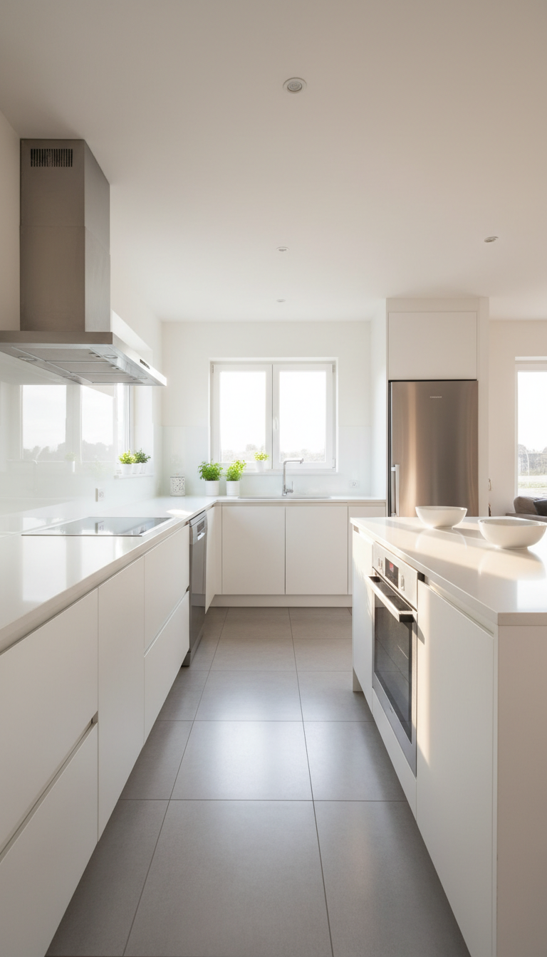 A sparkling residential kitchen with minimalist white cabinetry, seamless quartz countertops, and gleaming stainless-steel fixtures. The appliances are spotless, and the backsplash is free from streaks or smudges. Afternoon sunlight filters in through a large window, casting smooth, natural highlights across surfaces and creating a welcoming, hygienic feel. The perspective is at counter height with a centered, slightly wide-angle frame, ensuring every element is sharply in focus. The mood is inviting yet professional, exuding trust and comfort. The photographic realism and structured layout make this image ideal for visualizing high-quality home cleaning services with a modern touch.